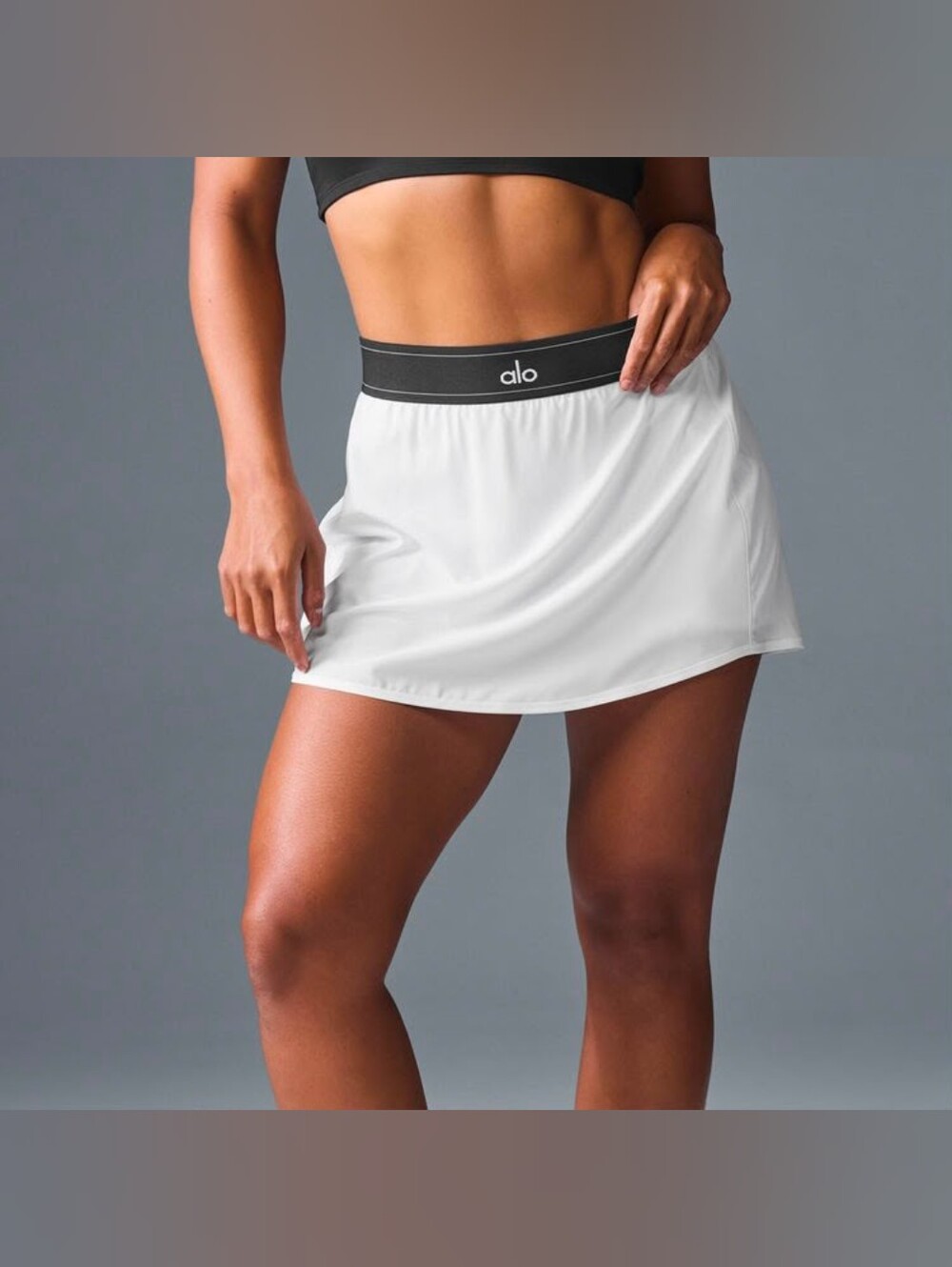 ALO Yoga White Mini Skort with Black Branded Waistband